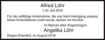 Traueranzeige von Alfred Löhr von Siegener Zeitung