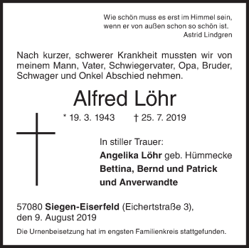 Traueranzeige von Alfred Löhr von Siegener Zeitung