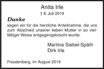 Traueranzeige von Anita Irle von Siegener Zeitung