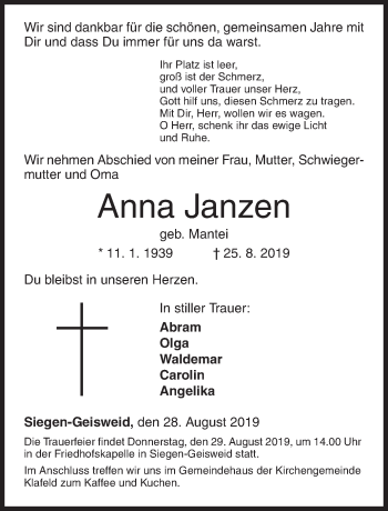 Traueranzeige von Anna Janzen von Siegener Zeitung