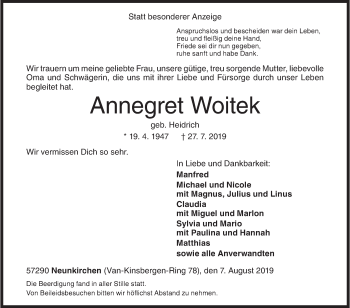 Traueranzeige von Annegret Woitek von Siegener Zeitung