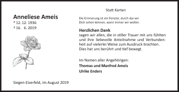 Traueranzeige von Anneliese Ameis von Siegener Zeitung