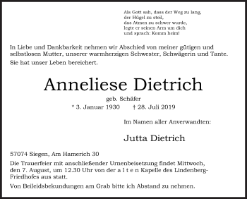 Traueranzeige von Anneliese Dietrich von Siegener Zeitung