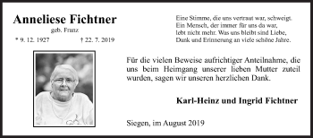 Traueranzeige von Anneliese Fichtner von Siegener Zeitung