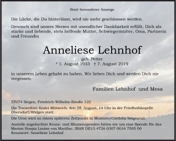 Traueranzeige von Anneliese Lehnhof von Siegener Zeitung