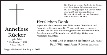 Traueranzeige von Anneliese Rücker von Siegener Zeitung