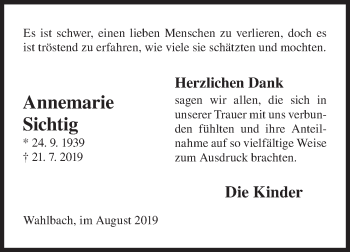 Traueranzeige von Annemarie Sichtig von Siegener Zeitung