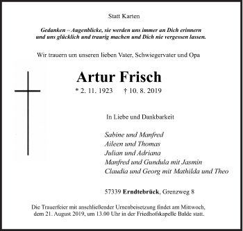 Traueranzeige von Artur Frisch von Siegener Zeitung