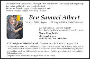 Traueranzeige von Ben Samuel Albert von Siegener Zeitung