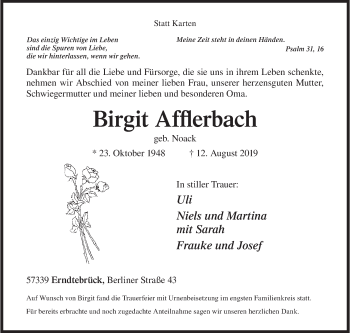 Traueranzeige von Birgit Afflerbach von Siegener Zeitung