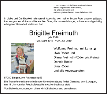 Traueranzeige von Brigitte Freimuth von Siegener Zeitung