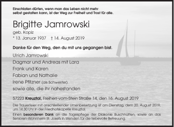 Traueranzeige von Brigitte Jamrowski von Siegener Zeitung