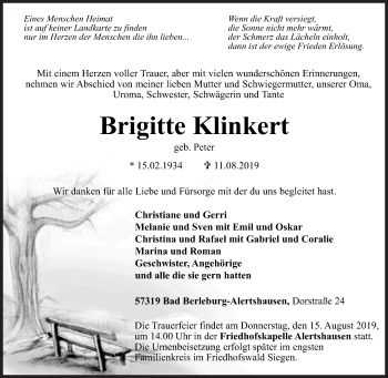 Traueranzeige von Brigitte Klinkert von Siegener Zeitung