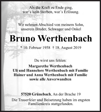 Traueranzeige von Bruno Werthenbach von Siegener Zeitung