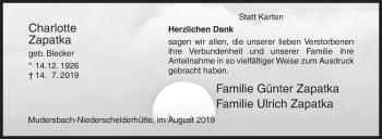 Traueranzeige von Charlotte Zapatka von Siegener Zeitung