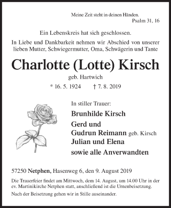 Traueranzeige von Charlotte Lotte Kirsch von Siegener Zeitung