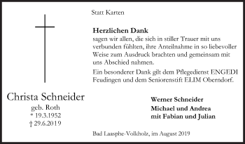Traueranzeige von Christa Schneider von Siegener Zeitung