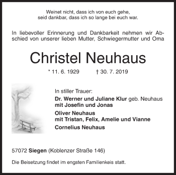 Traueranzeige von Christel Neuhaus von Siegener Zeitung