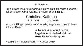 Traueranzeige von Christina Kaltofen von Siegener Zeitung