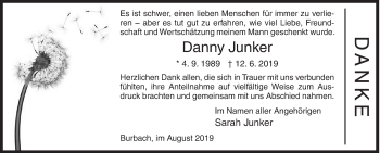 Traueranzeige von Danny Junker von Siegener Zeitung