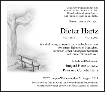 Traueranzeige von Dieter Hartz von Siegener Zeitung