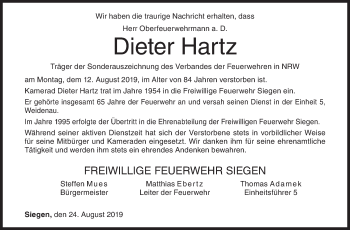 Traueranzeige von Dieter Hartz von Siegener Zeitung