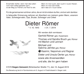 Traueranzeige von Dieter Römer von Siegener Zeitung
