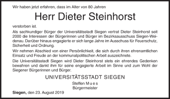 Traueranzeige von Dieter Steinhorst von Siegener Zeitung
