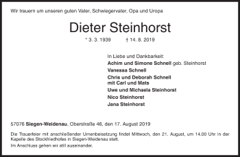 Traueranzeige von Dieter Steinhorst von Siegener Zeitung