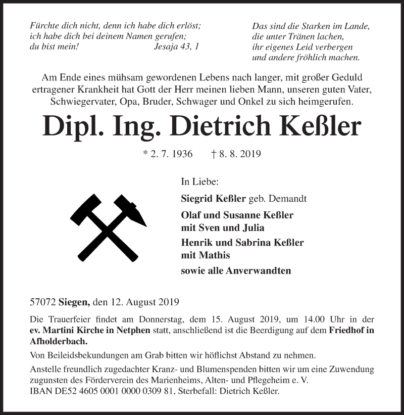  Traueranzeige für Dietrich Keßler vom 12.08.2019 aus Siegener Zeitung