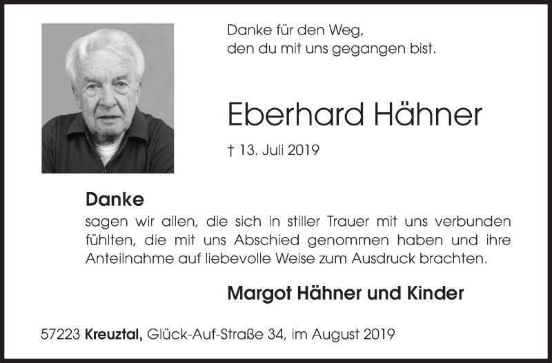  Traueranzeige für Eberhard Hähner vom 24.08.2019 aus Siegener Zeitung