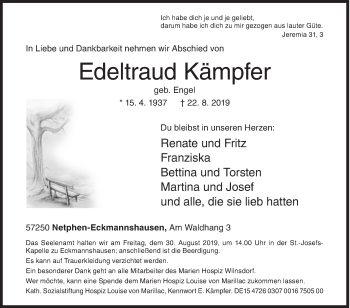 Traueranzeige von Edeltraud Kämpfer von Siegener Zeitung