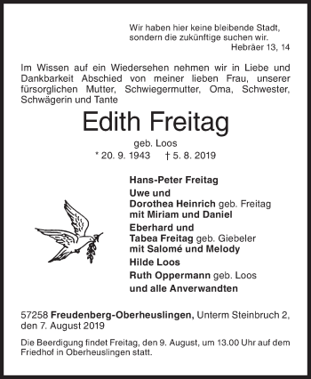 Traueranzeige von Edith Freitag von Siegener Zeitung