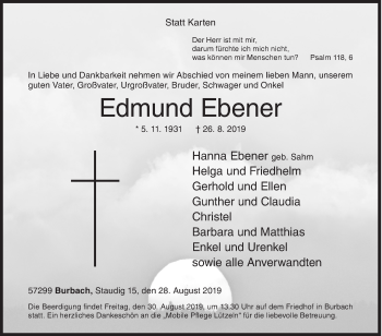 Traueranzeige von Edmund Ebener von Siegener Zeitung
