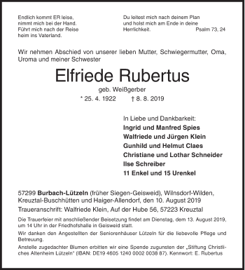 Traueranzeige von Elfriede Rubertus von Siegener Zeitung