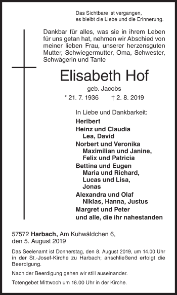 Traueranzeige von Elisabeth Hof von Siegener Zeitung