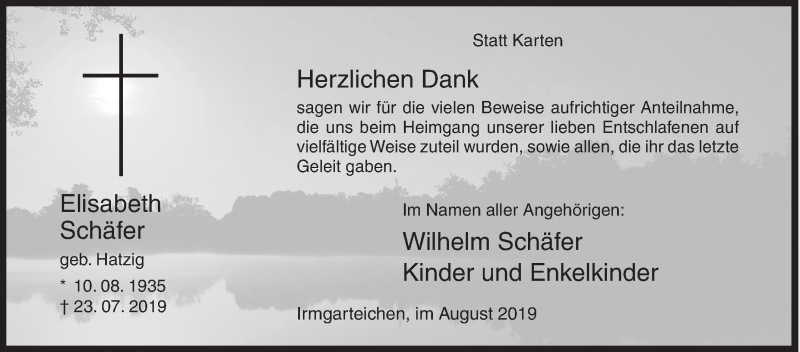  Traueranzeige für Elisabeth Schäfer vom 31.08.2019 aus Siegener Zeitung