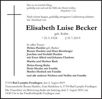 Traueranzeige von Elisabeth Luise Becker von Siegener Zeitung