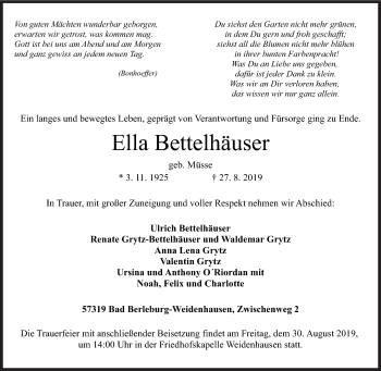 Traueranzeige von Ella Bettelhäuser von Siegener Zeitung
