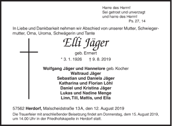 Traueranzeige von Elli Jäger von Siegener Zeitung
