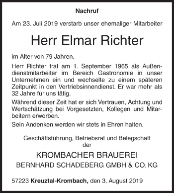 Traueranzeige von Elmar Richter von Siegener Zeitung