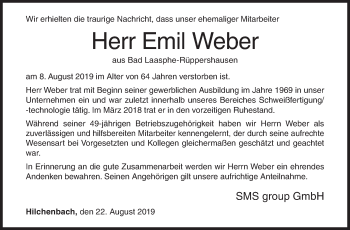 Traueranzeige von Emil Weber von Siegener Zeitung