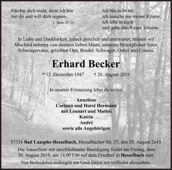 Traueranzeige von Erhard Becker von Siegener Zeitung