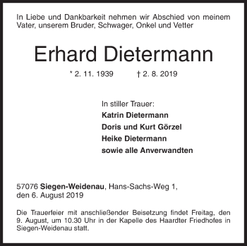 Traueranzeige von Erhard Dietermann von Siegener Zeitung