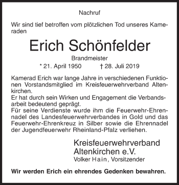 Traueranzeige von Erich Schönfelder von Siegener Zeitung