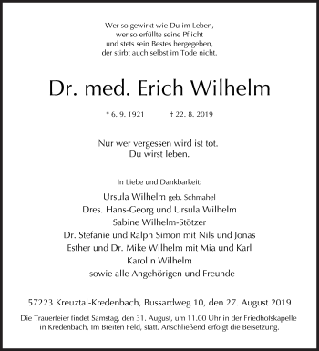 Traueranzeige von Erich Wilhelm von Siegener Zeitung