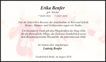 Traueranzeige von Erika Benfer von Siegener Zeitung