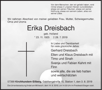 Traueranzeige von Erika Dreisbach von Siegener Zeitung
