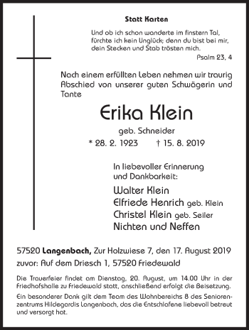 Traueranzeige von Erika Klein von Siegener Zeitung