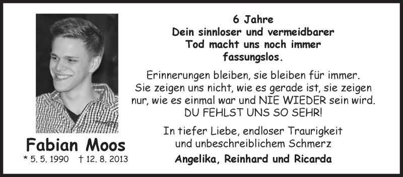  Traueranzeige für Fabian Moos vom 12.08.2019 aus Siegener Zeitung